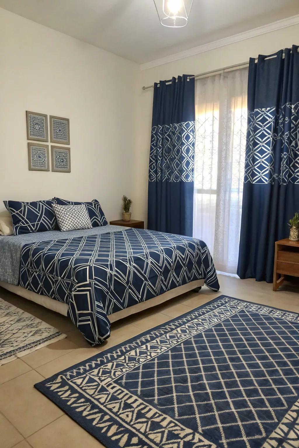 Geometric patterns introduce a modern flair to a snug deep sea blue personal space.