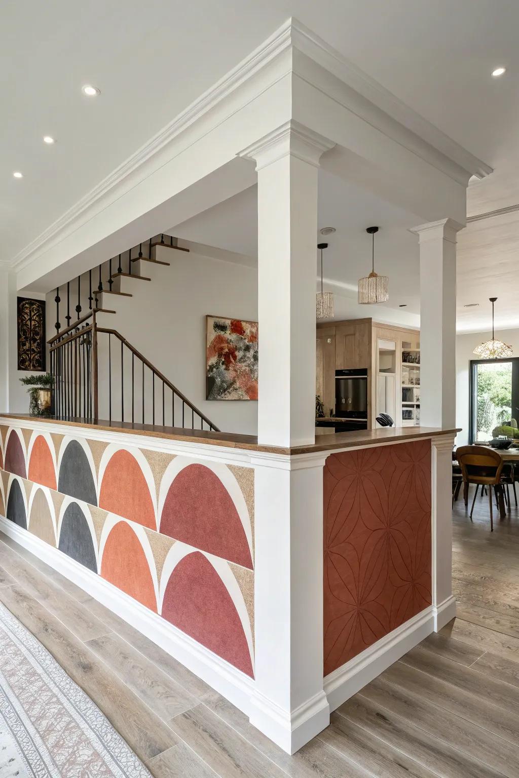 An interior with a half wall designed with striking, distinctive forms as a captivating focal point.