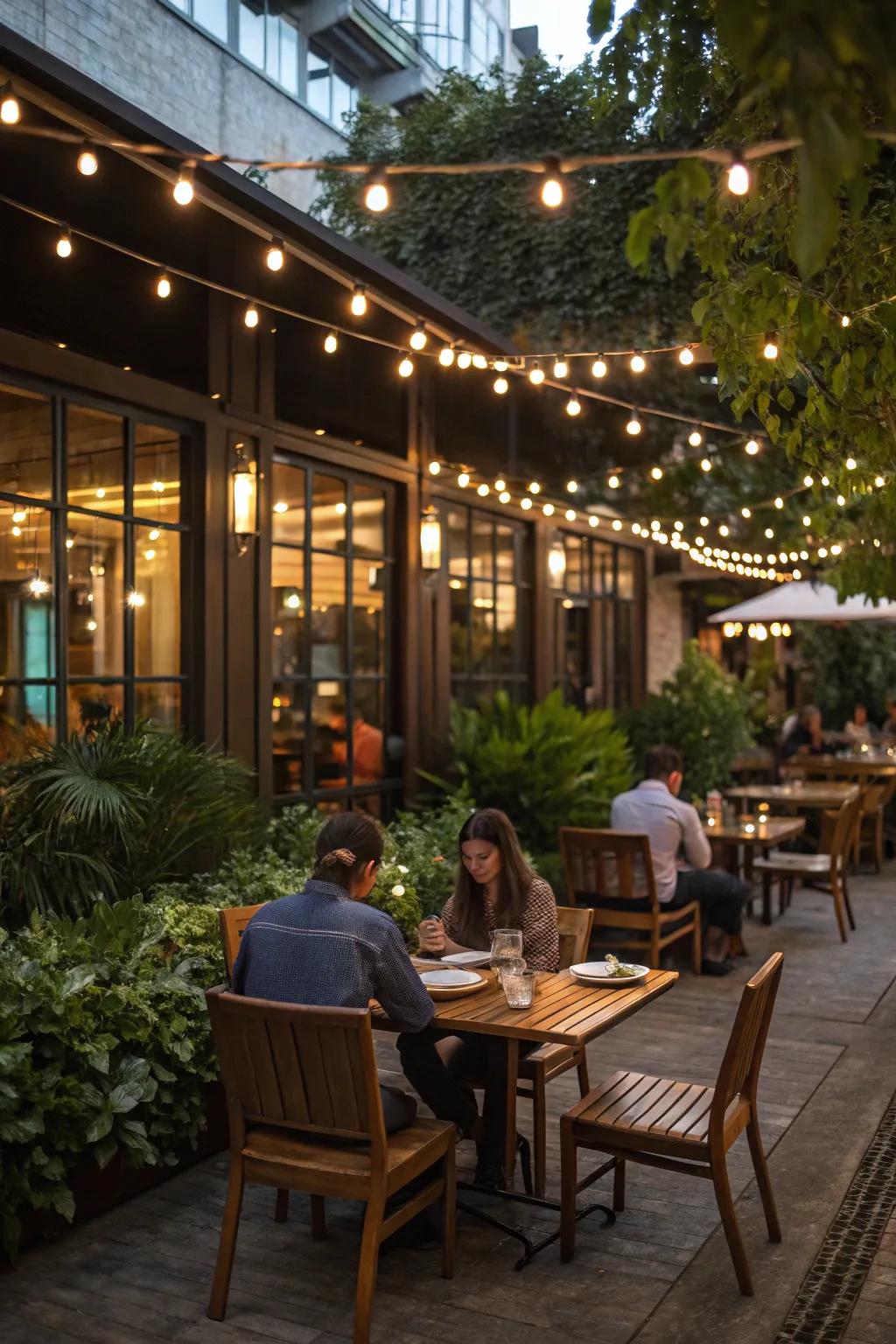 Set the mood for outdoor dining with overhead ribbon lights.