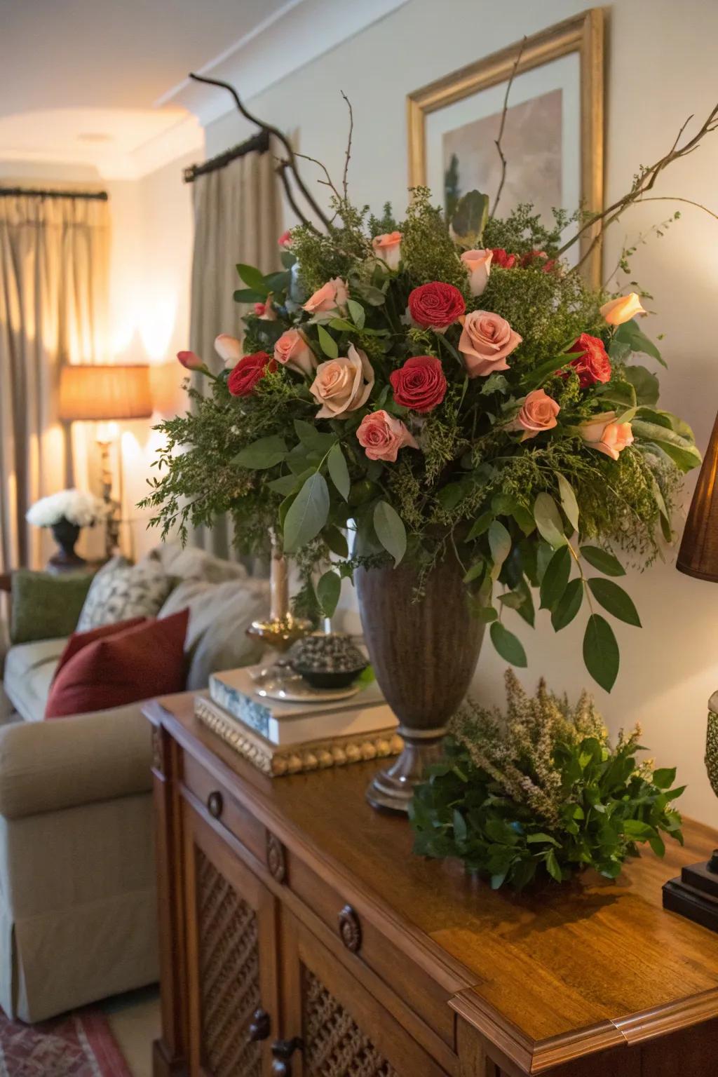 Lavish and replete by stratifying roses alongside verdure.