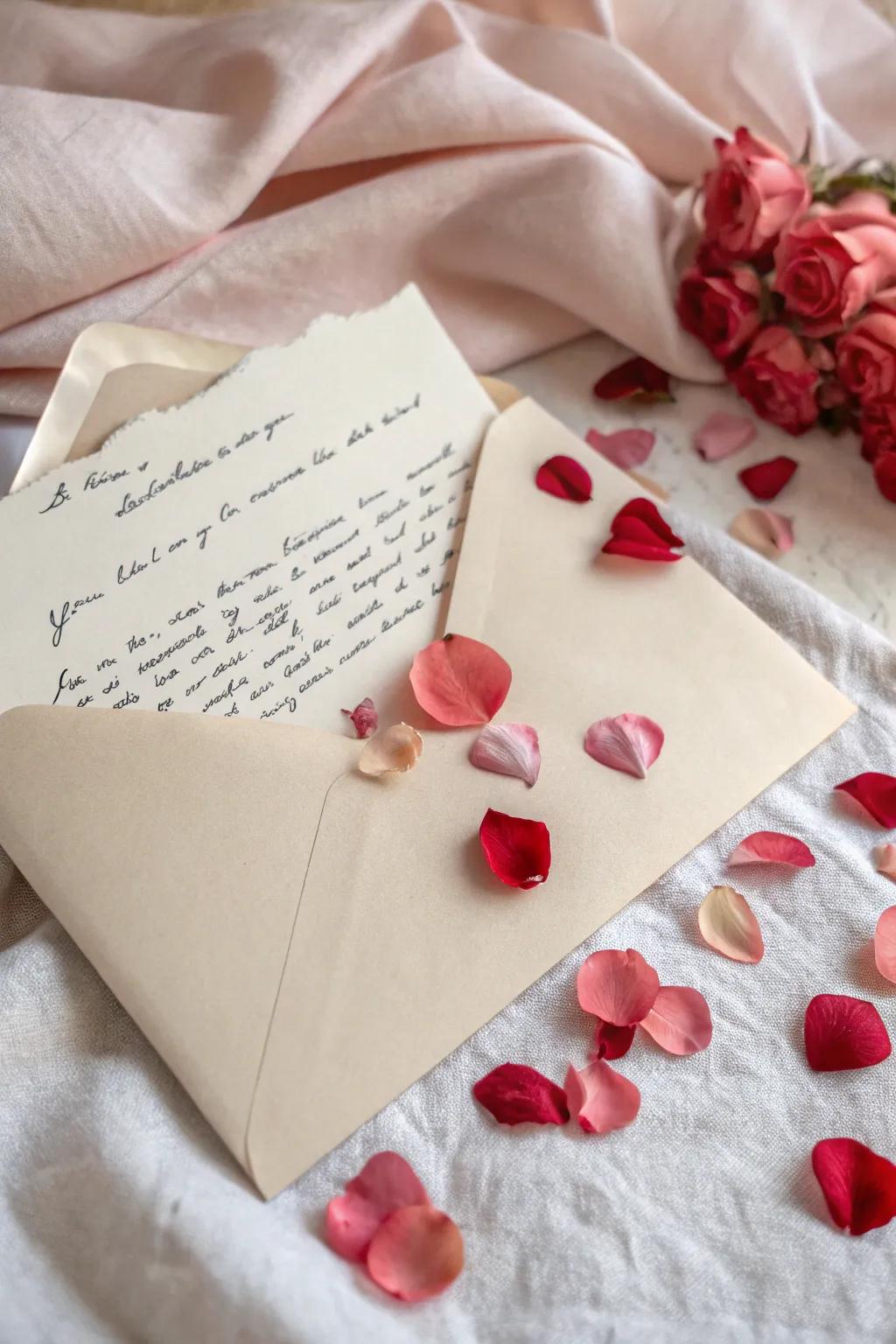 A heartfelt letter accompanied by floral confetti for added romance