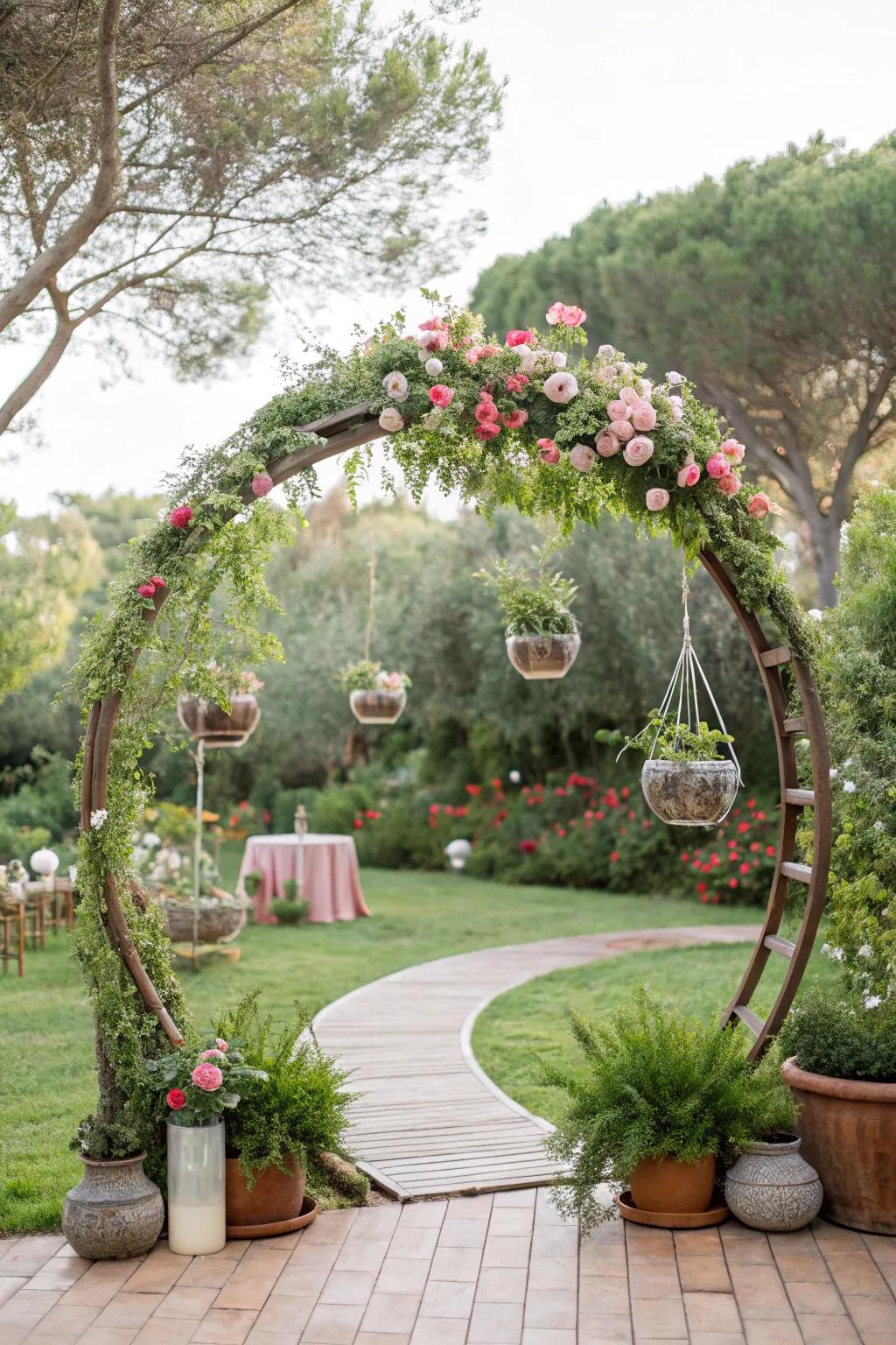 A garden-inspired circular wedding arch with hanging elements.