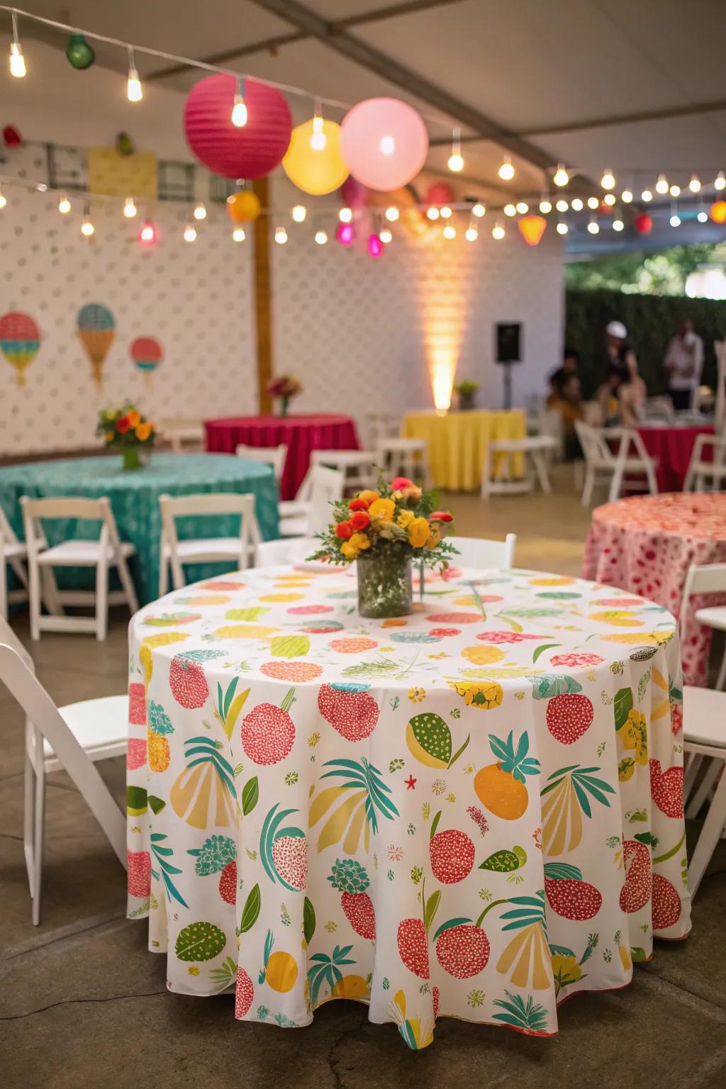 Playful patterned table covering adding charm to a wedding.