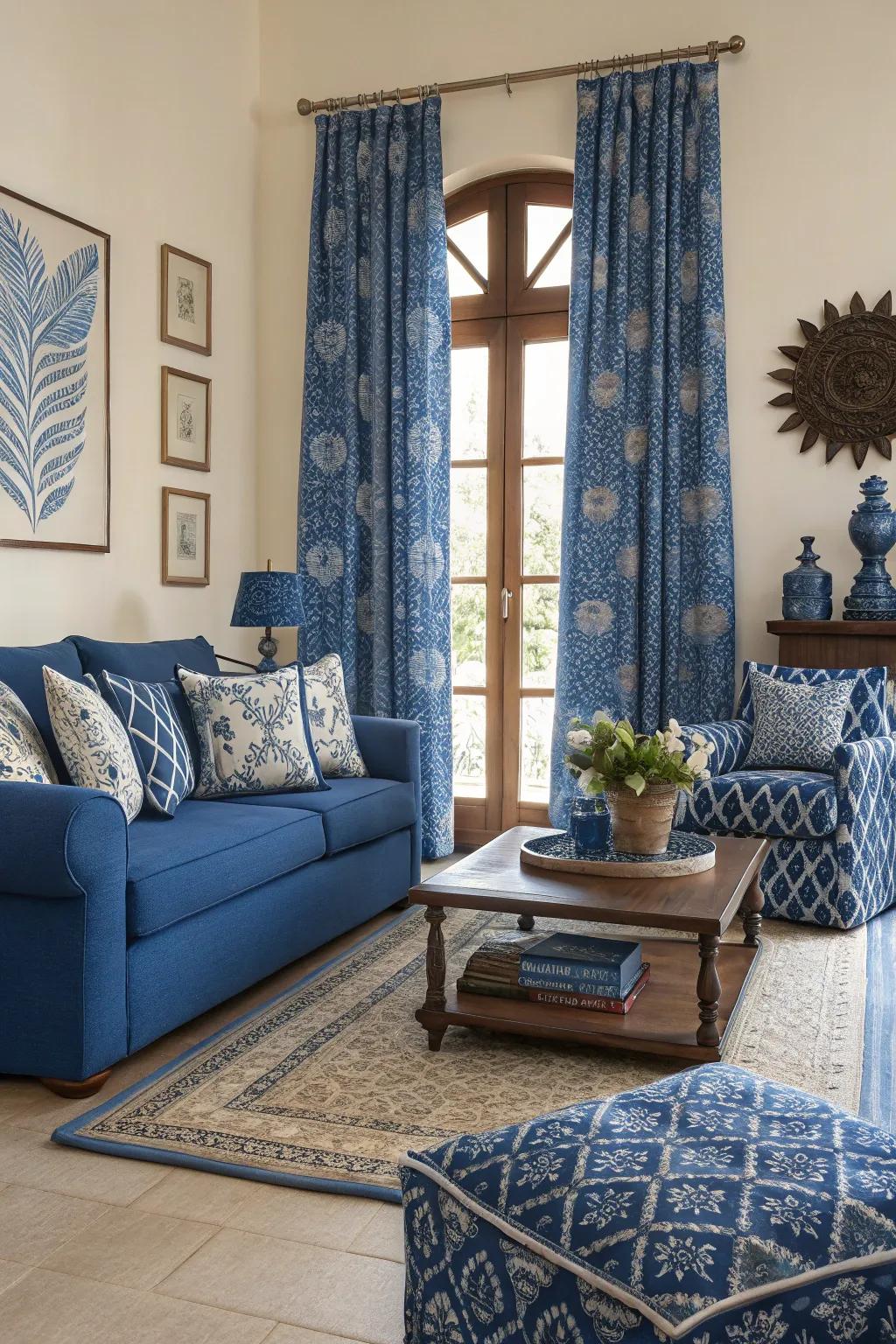 Bold patterns in royal blue add energy and create a stunning focal point.