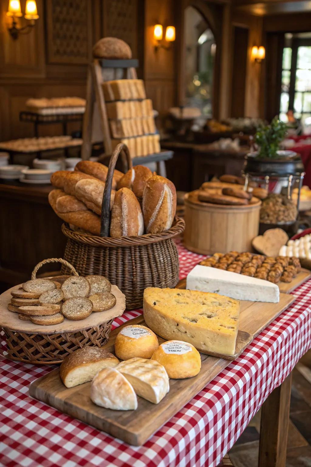 Artisan breads and cheeses presented in a country style on the serving station.