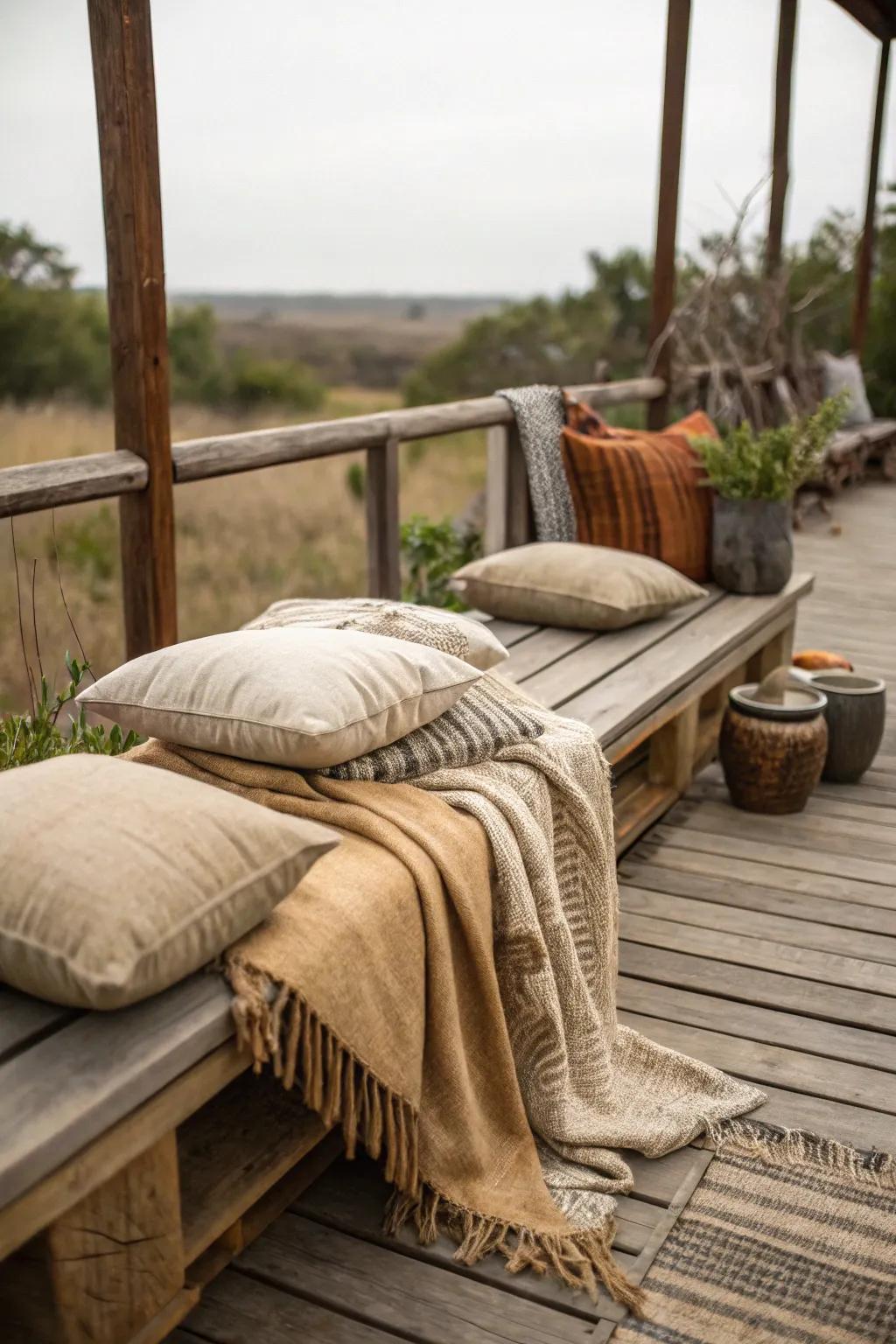 Natural fabrics add softness and a rustic touch to this deck.