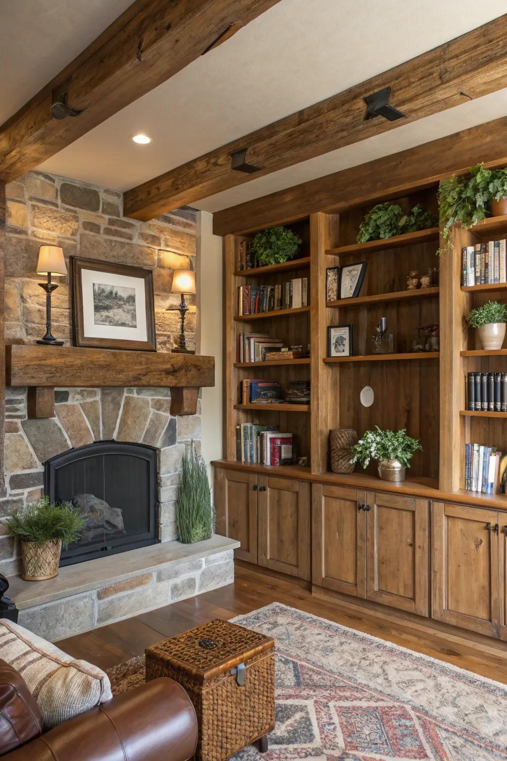 Rustic shelving combines functionality with personal style.