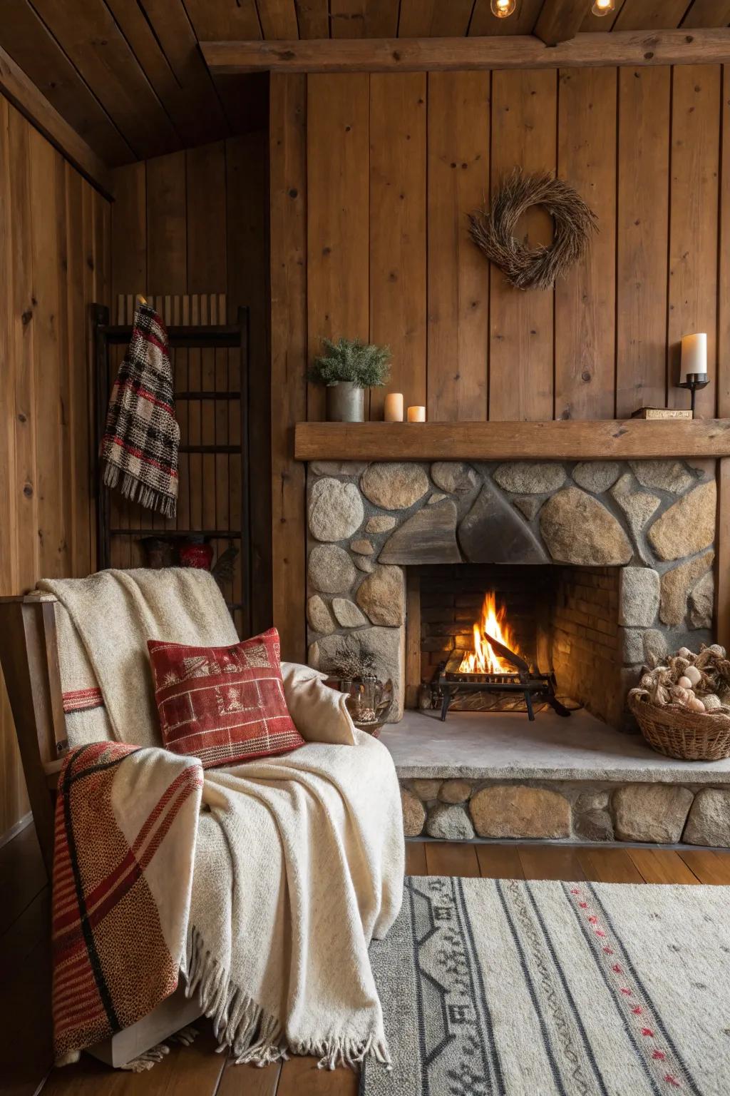 Long wood paneling adds height and drama to this rustic fireplace.