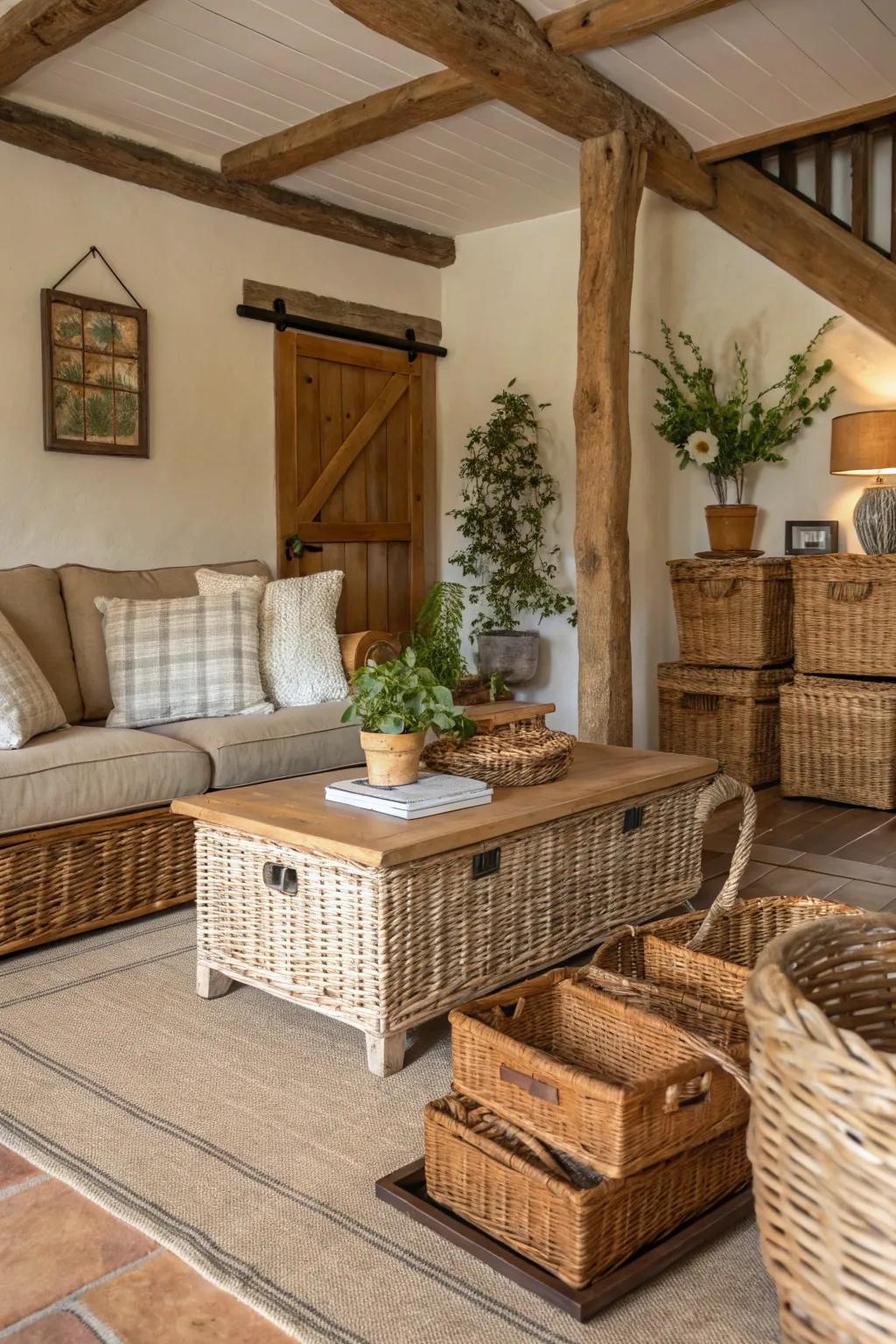 Wicker baskets enhance the rustic aesthetic with functional storage.