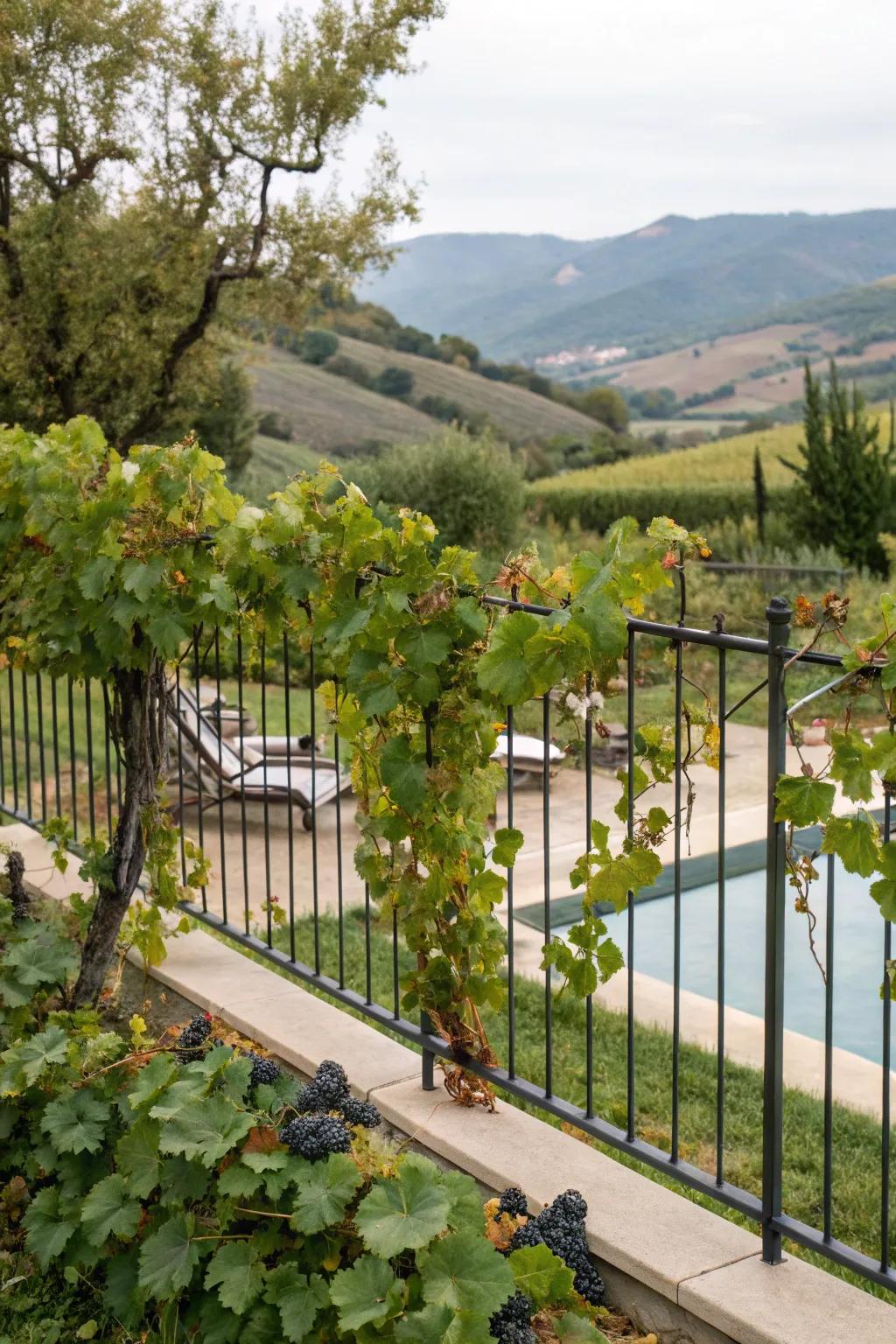 Grapevine-covered fencing for a vineyard-inspired poolside.