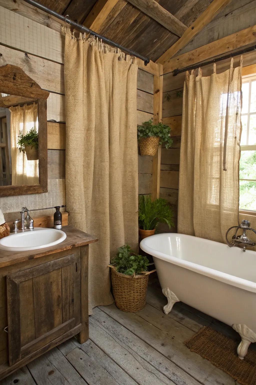 Hessian curtains add texture and <strong>rustic</strong> appeal.” loading=”lazy” class=”pimg”>
	</picture><figcaption>Hessian curtains add texture and <strong>rustic</strong> appeal.</figcaption></figure>
<p>Hang <strong>hessian curtains</strong> to introduce texture and a natural feel. They diffuse light beautifully, and I love how they bring a soft, <strong>rustic</strong> appeal to any small bathroom.</p>
<h3>Some ideas to consider:</h3>
<ul class=