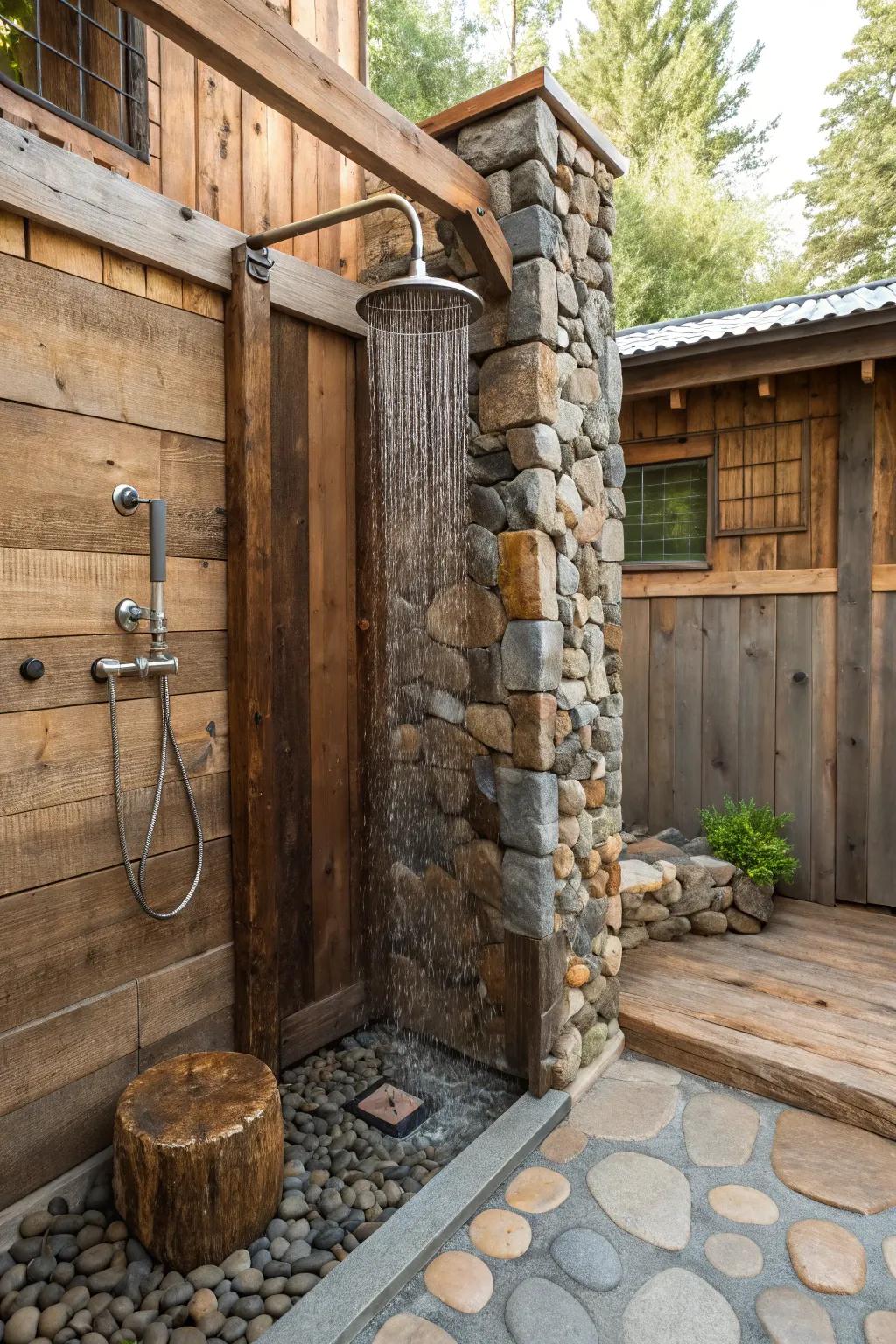 A shower design blending stone, wood, and metal for a dynamic visual.