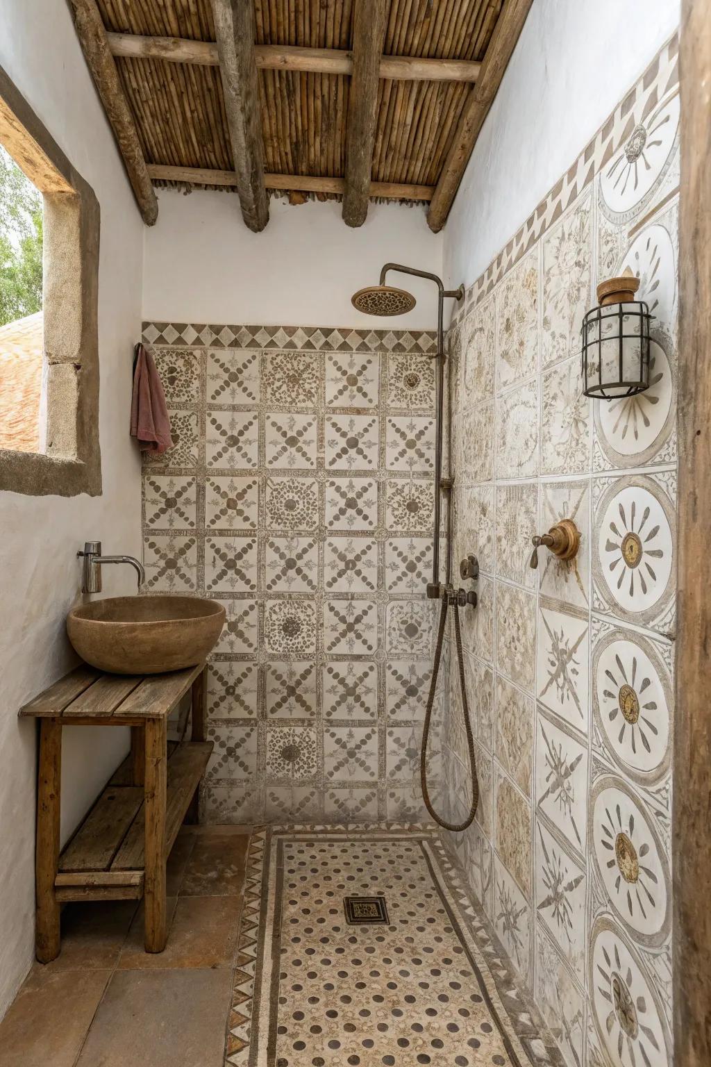 Patterned stone panels create a bold and distinctive feature in the shower.