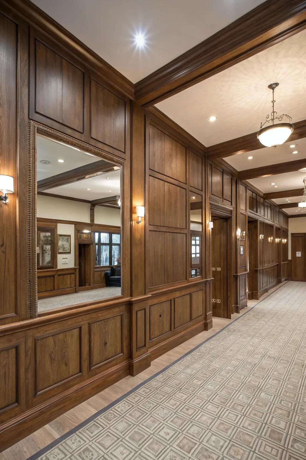 The room is made more sophisticated and larger by the use of mirrored panels.