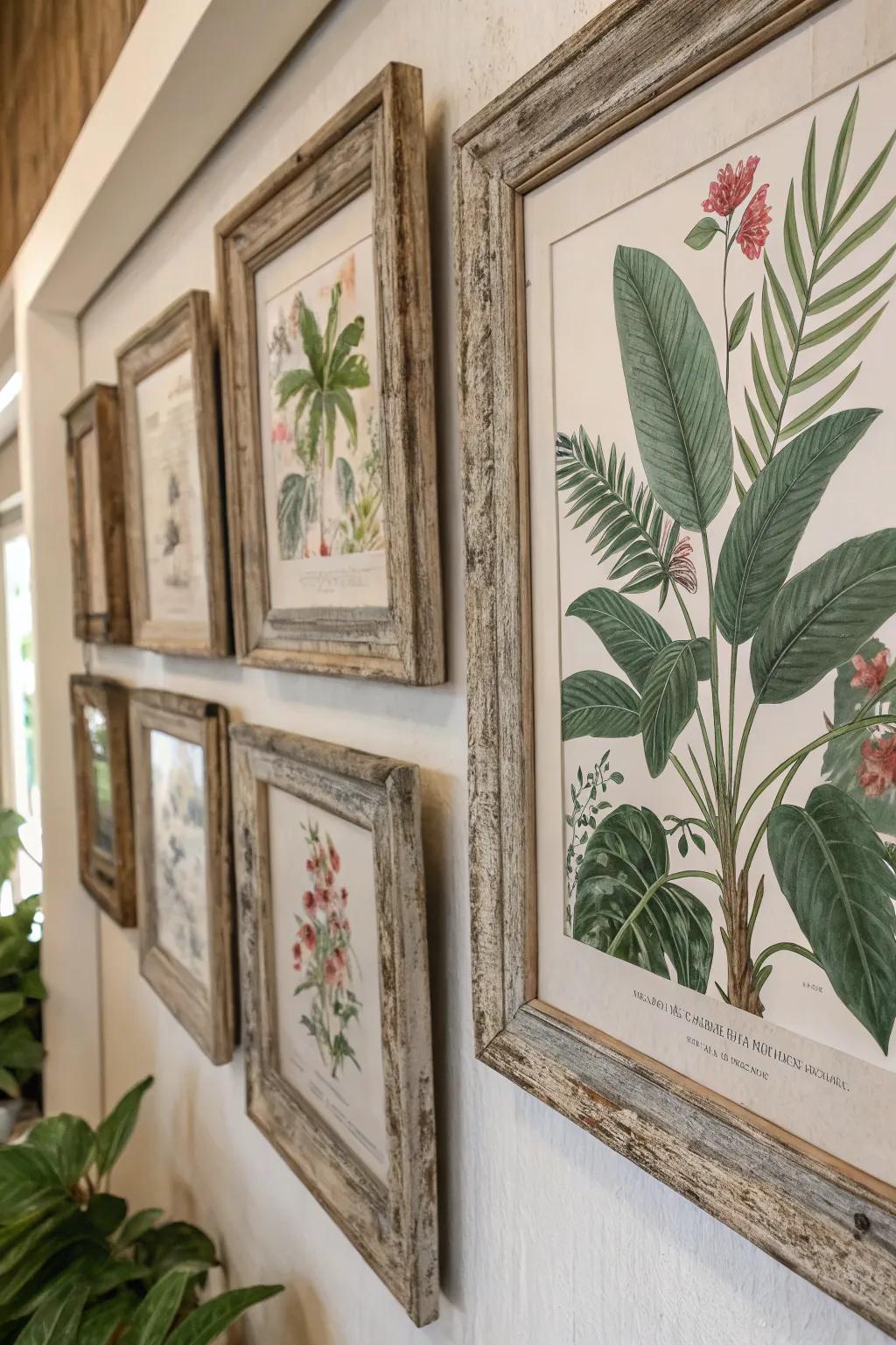 Floral prints in country frames introduce a hint of nature indoors.
