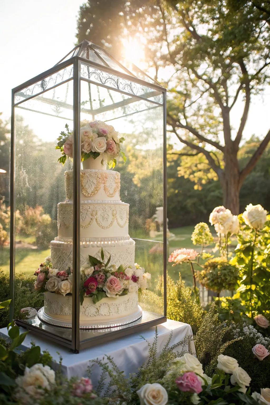 Flower-filled glass box creates a breathtaking cake centerpiece.