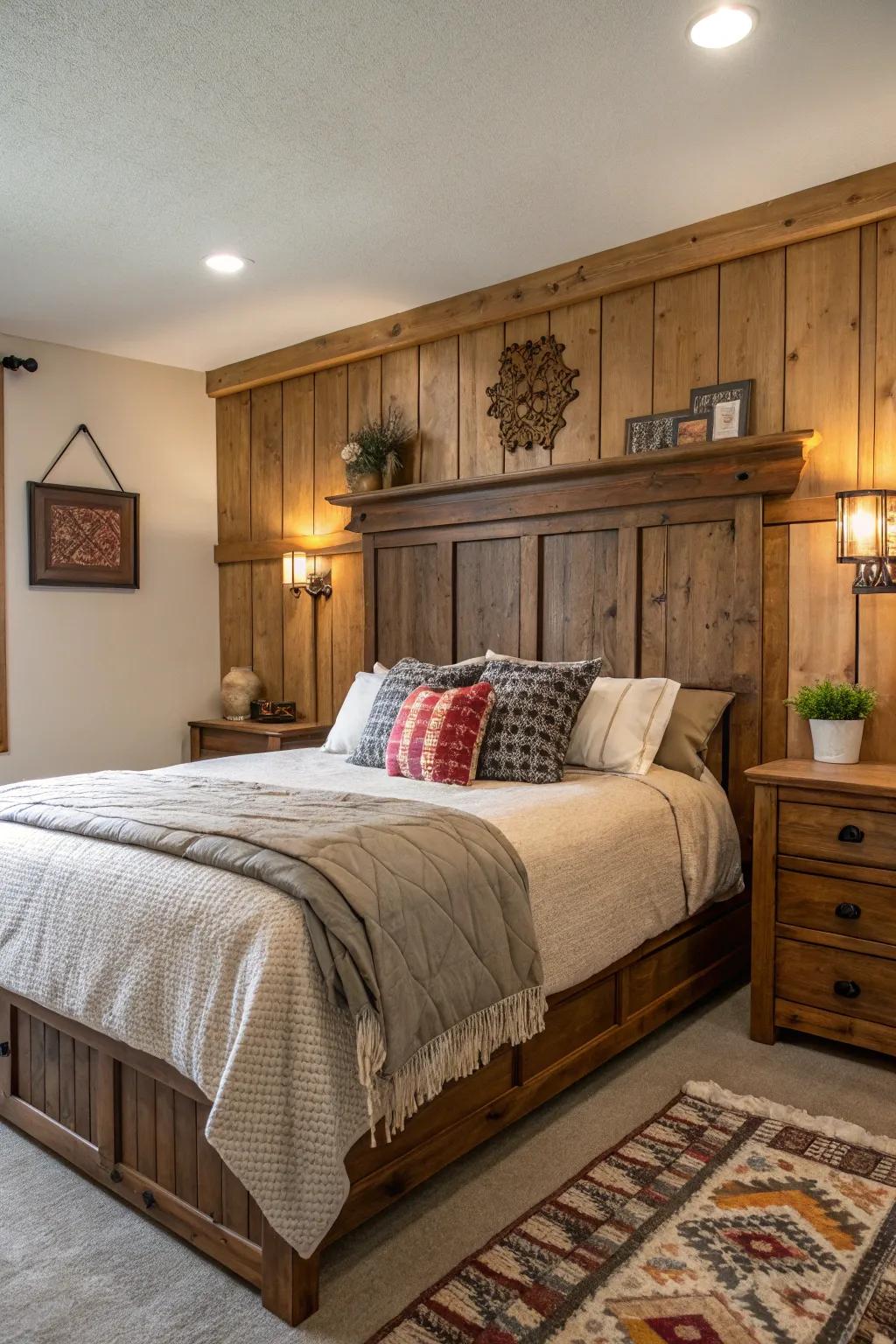 Paneling as a headboard substitute introduces texture and intrigue.