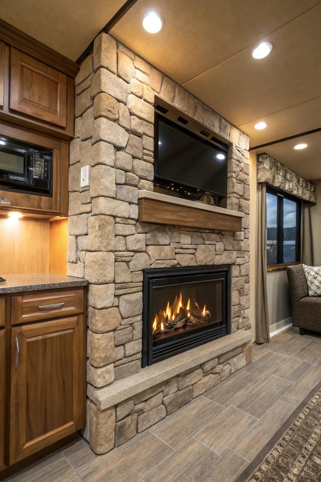 Stone details add rustic texture and warmth.