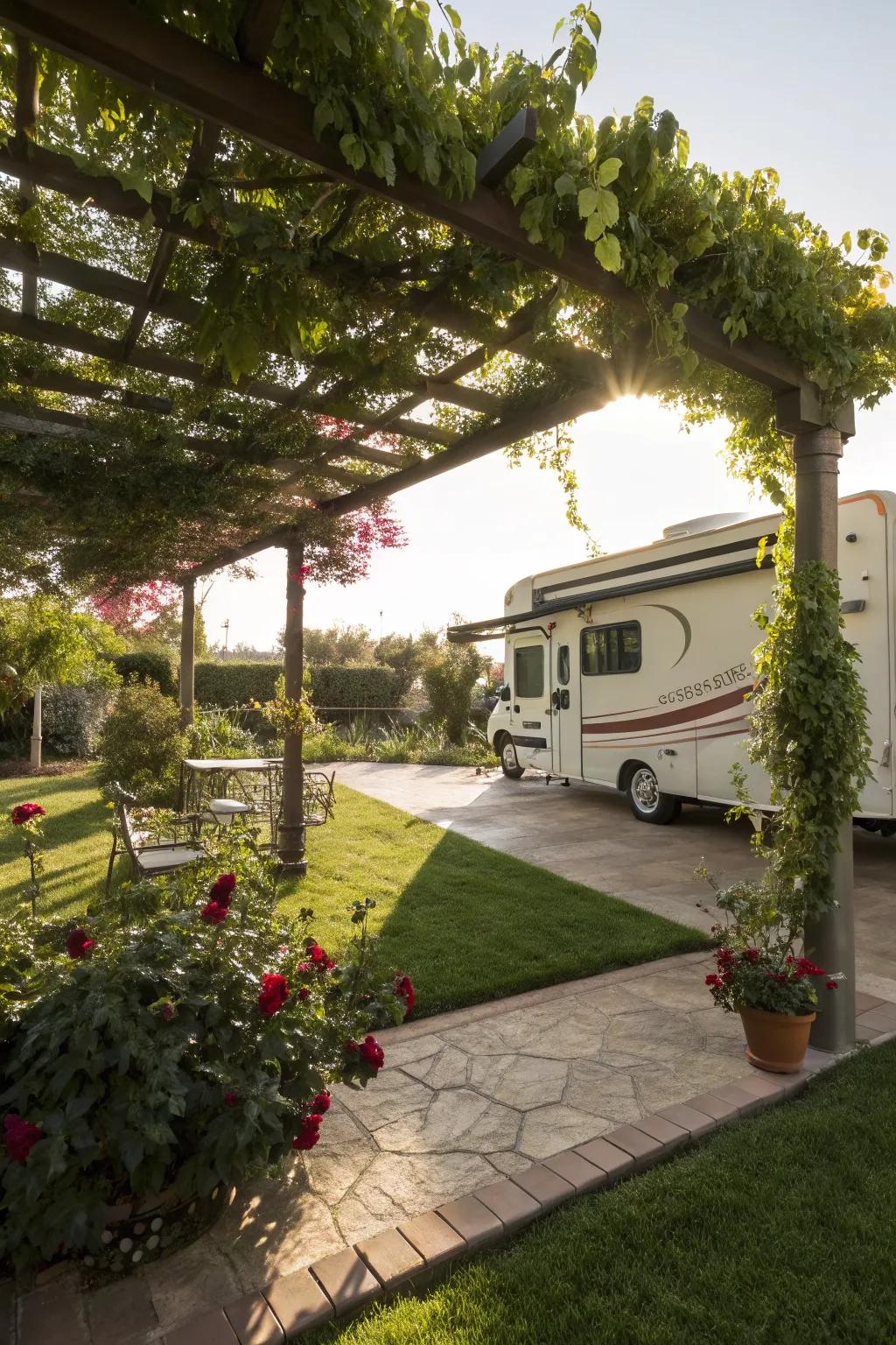 An arbor-style RV shelter offering partial shelter and charm.
