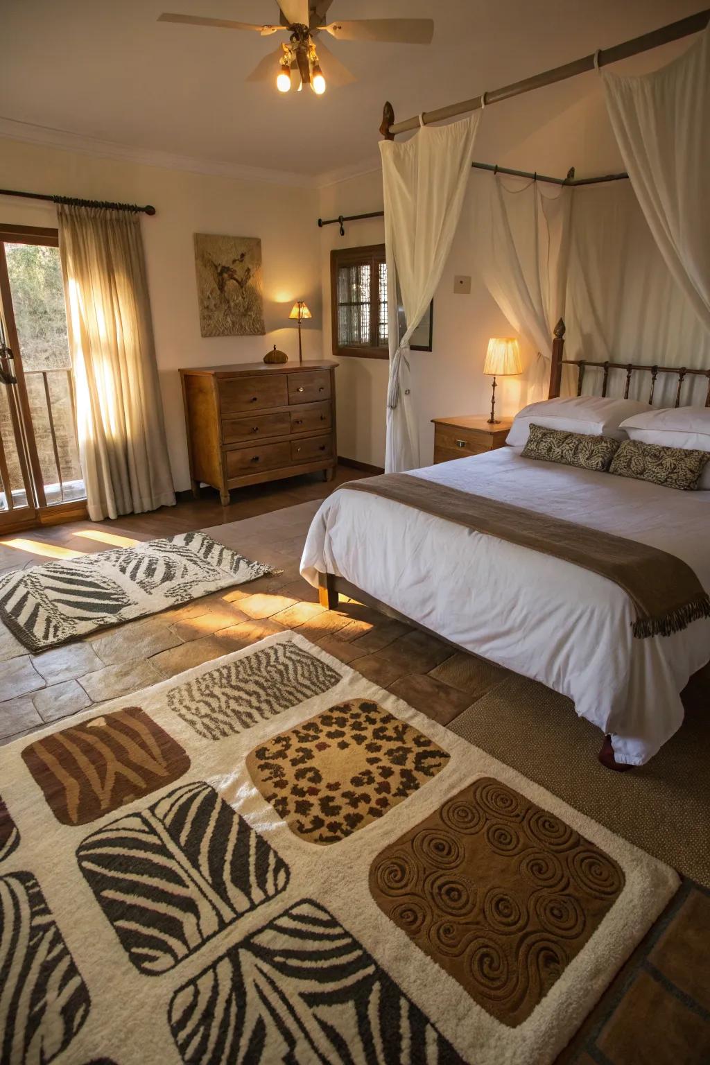 Safari-patterned floor coverings anchor and unify the room's design.