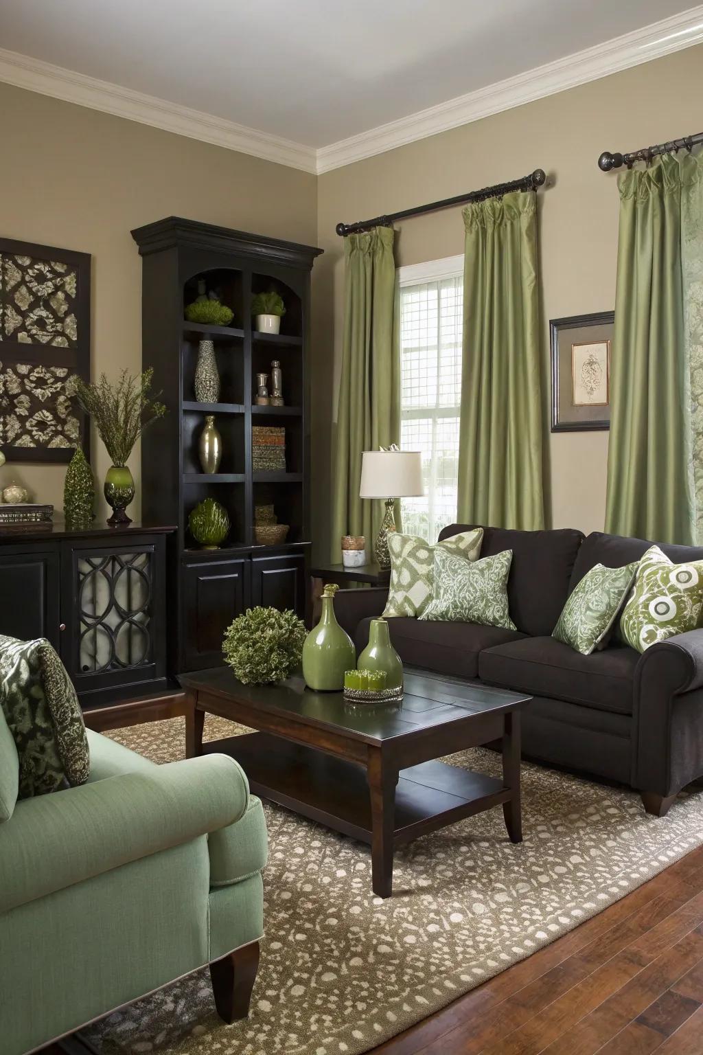 Striking differences bring lively flair to a sage green living area.