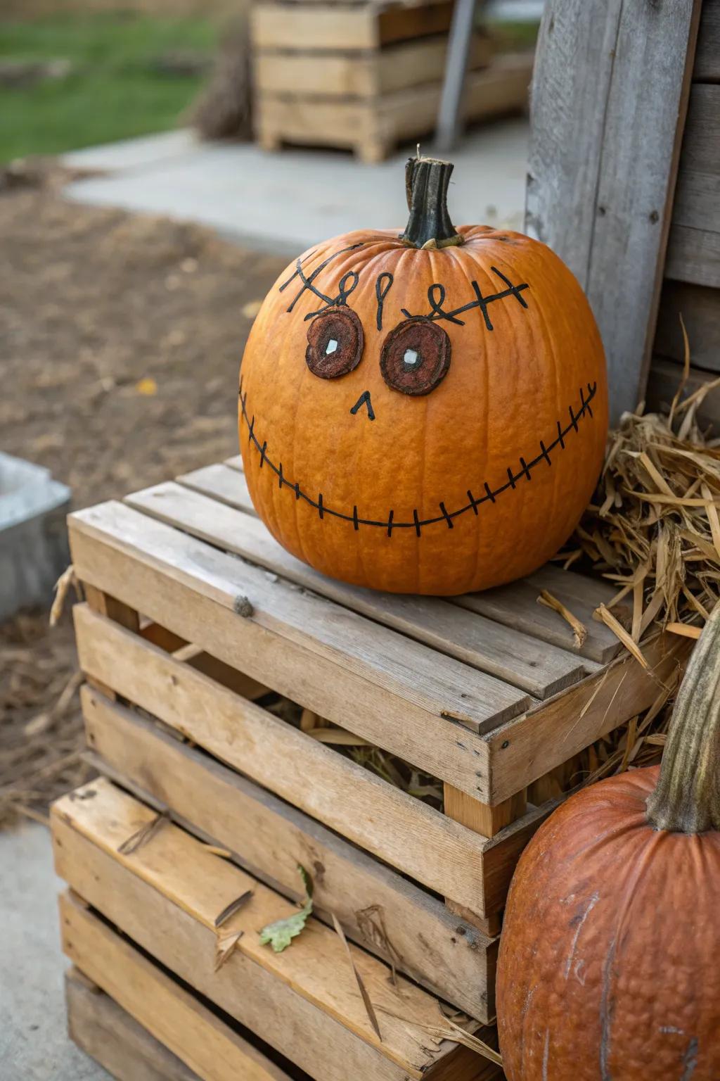 Woodsy pin eyes give an audacious variation to this scarecrow pumpkin.