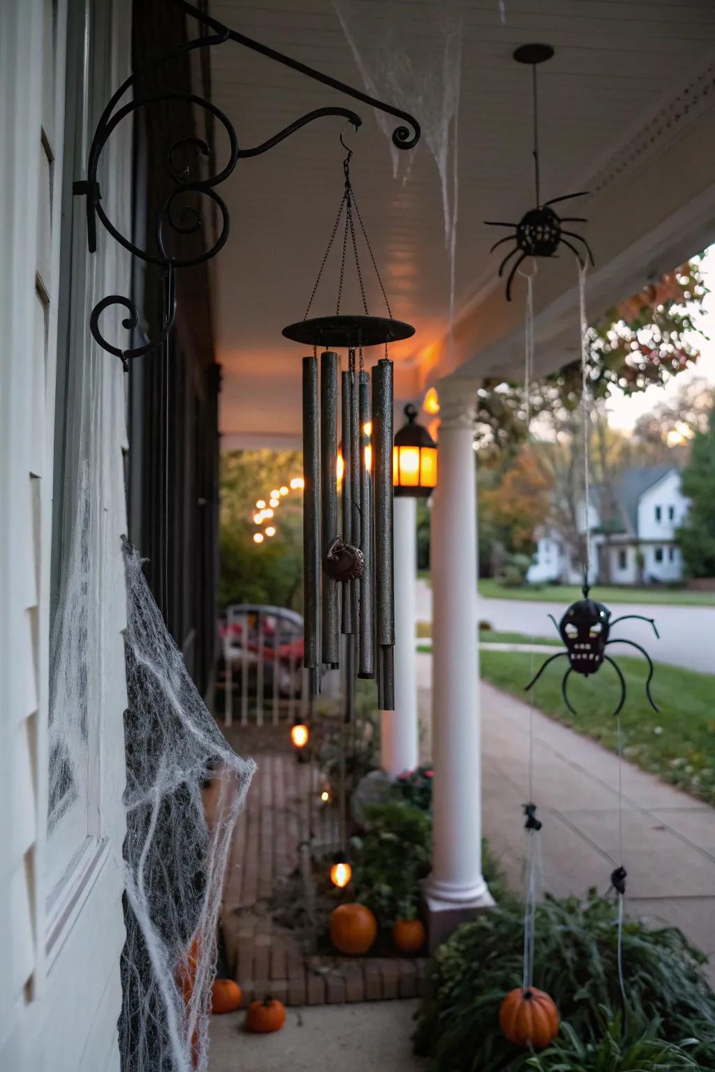 Whispering noise makers add a haunting sound to the Halloween porch.