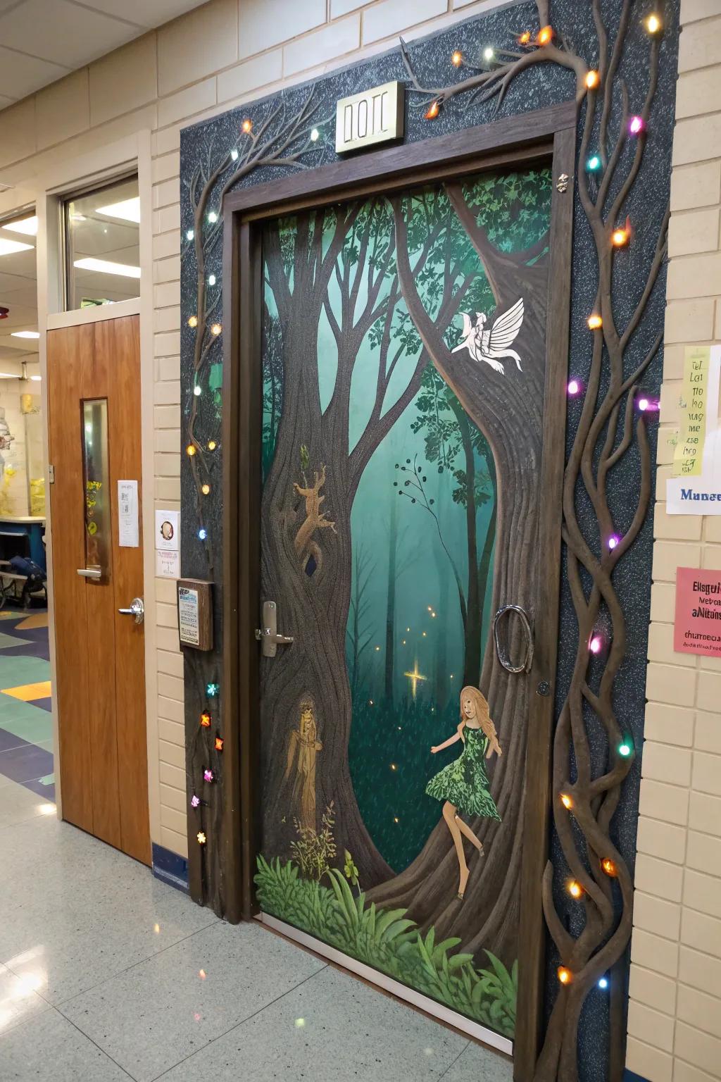 A mystical forest-themed school door with enchanting elements.