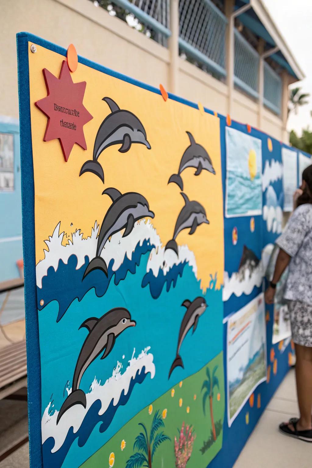 Capture the joy of the ocean through playful dolphins.