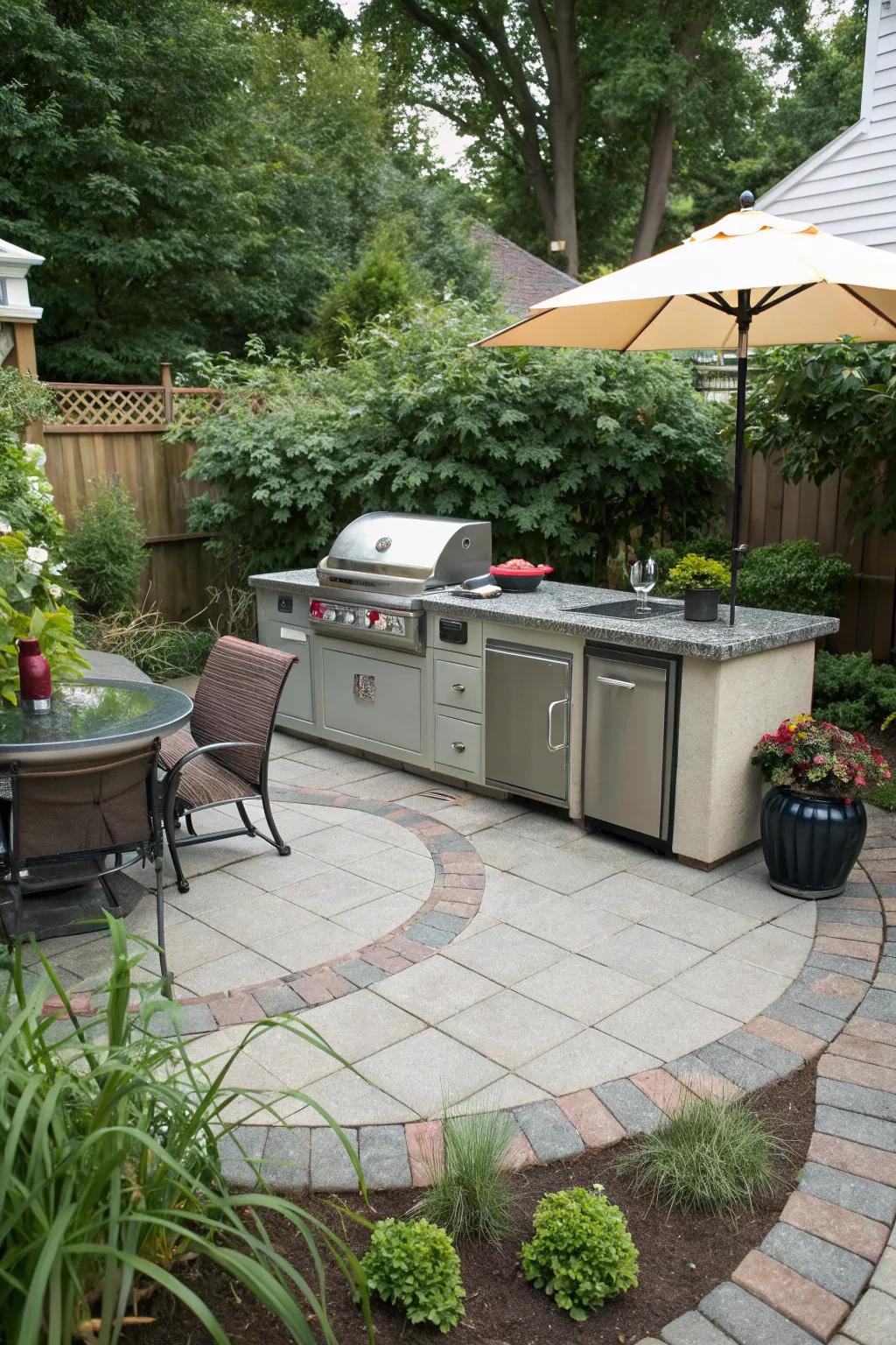 An outdoor kitchen ensures dining and cooking in the open air is a delightful experience.