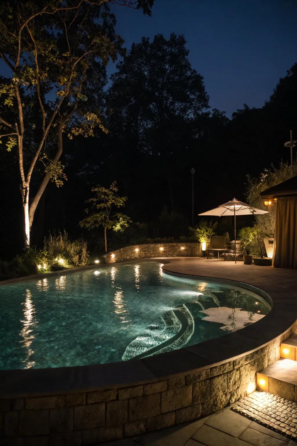 A semi inground pool illuminated with gentle lighting for evening swims.