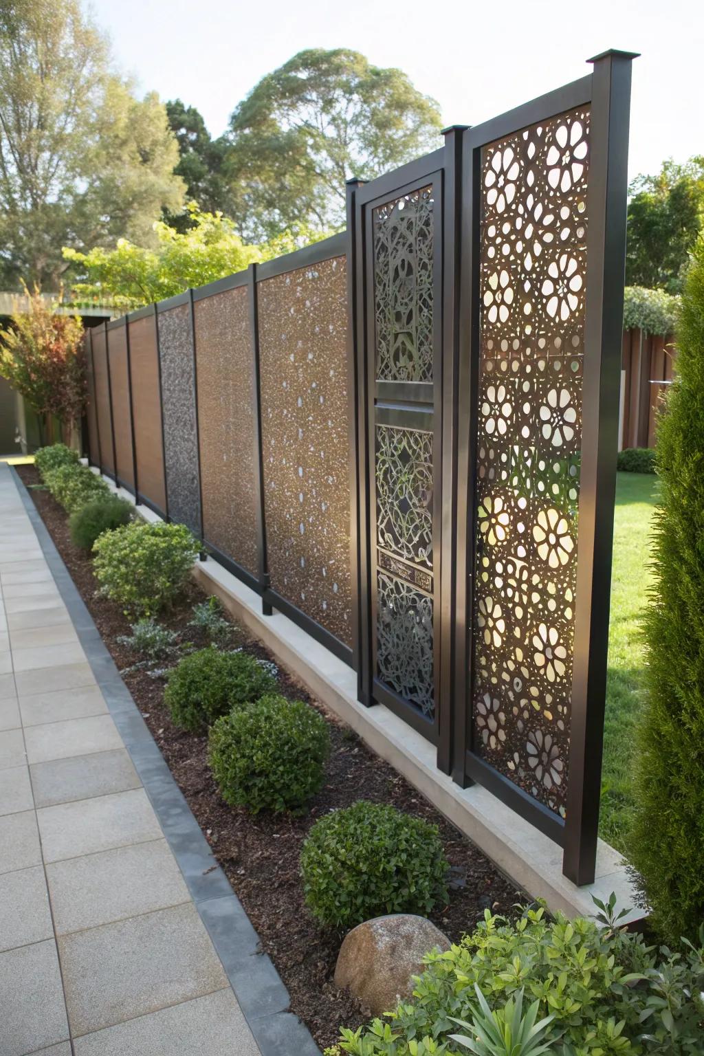 Elaborate laser-etched screens contribute artistry and elegance to this contemporary garden space.