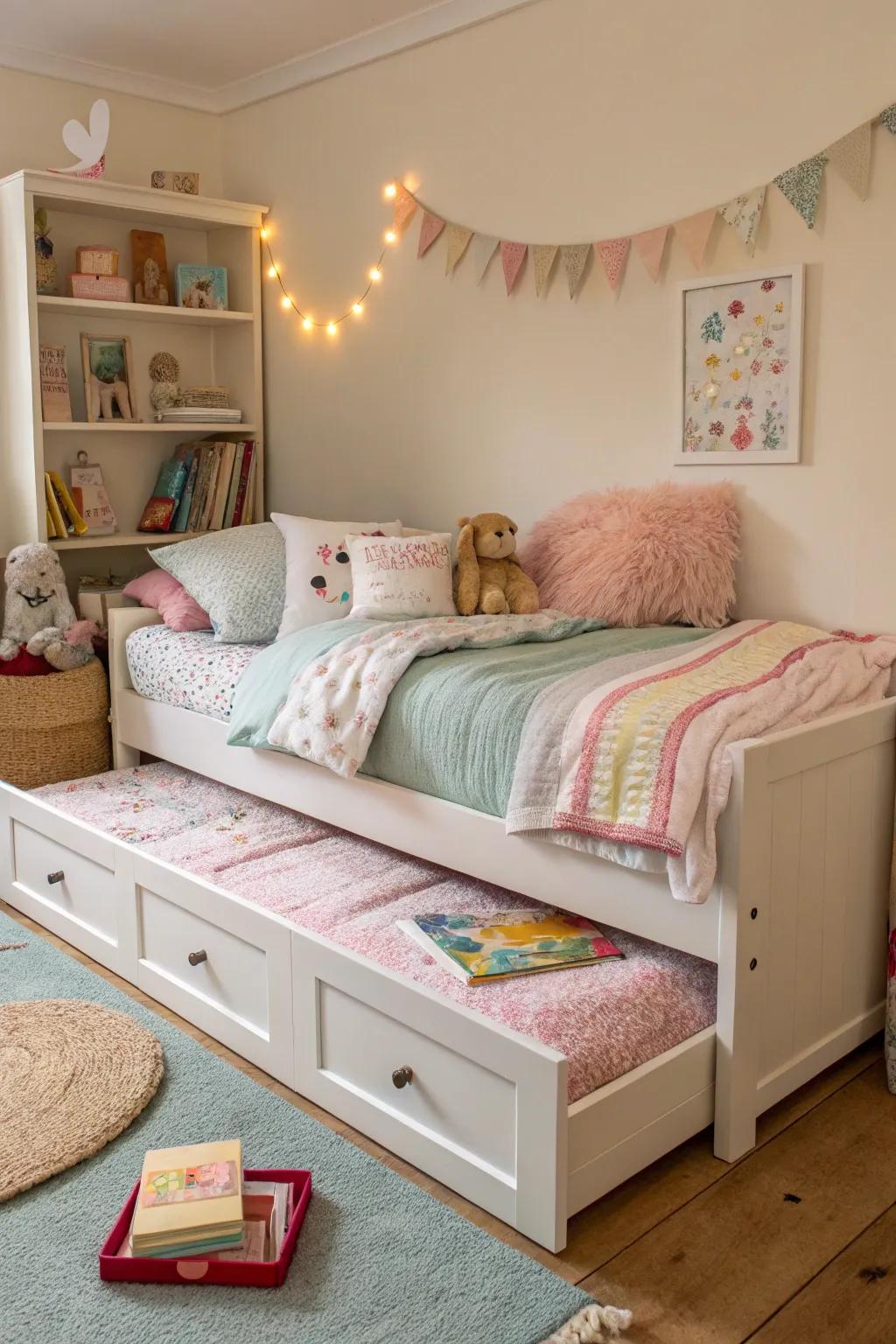 A trundle bed adds flexibility for sleepovers.