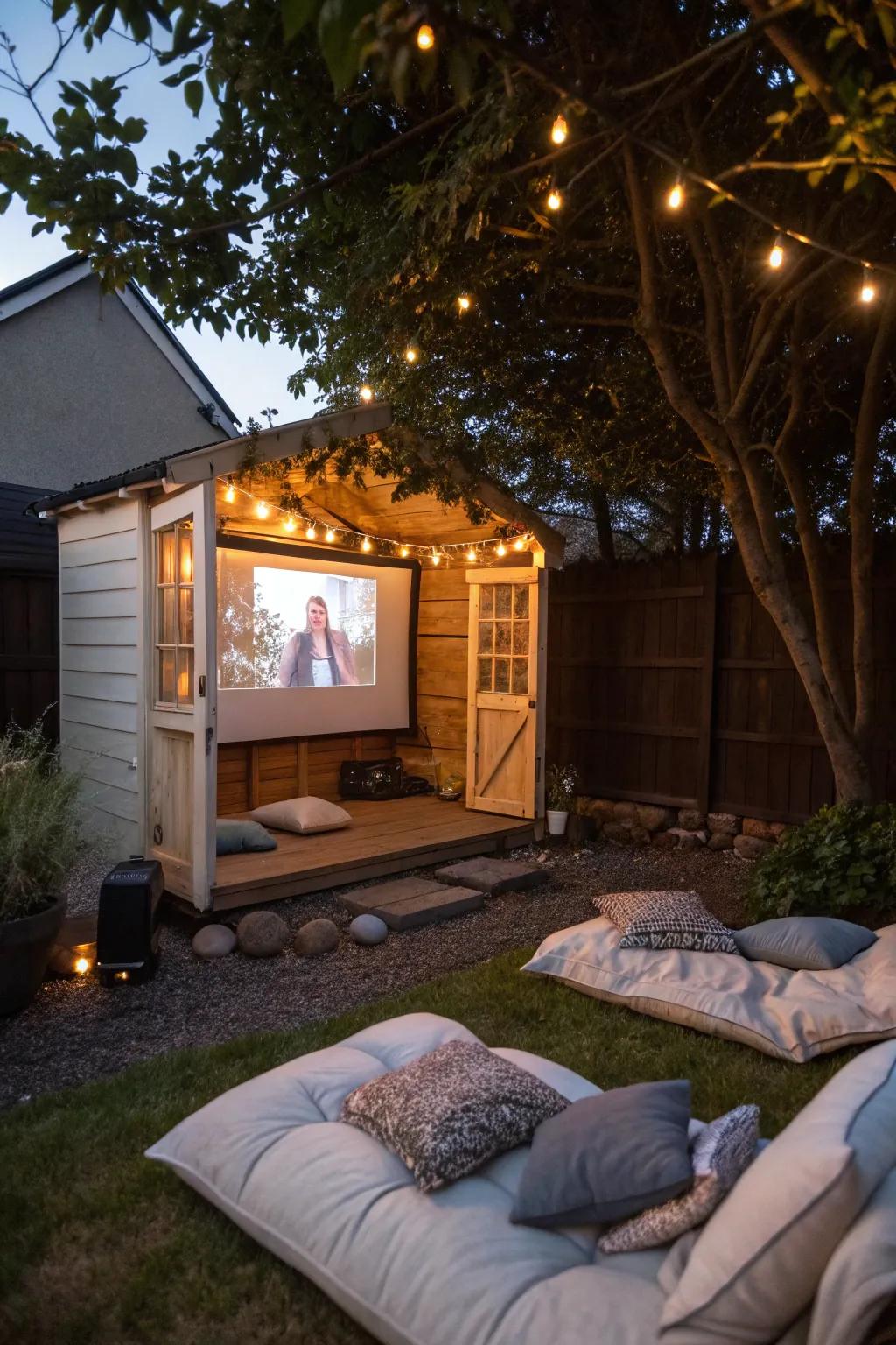 An outdoor shed transformed into an outdoor cinema for magical movie nights.