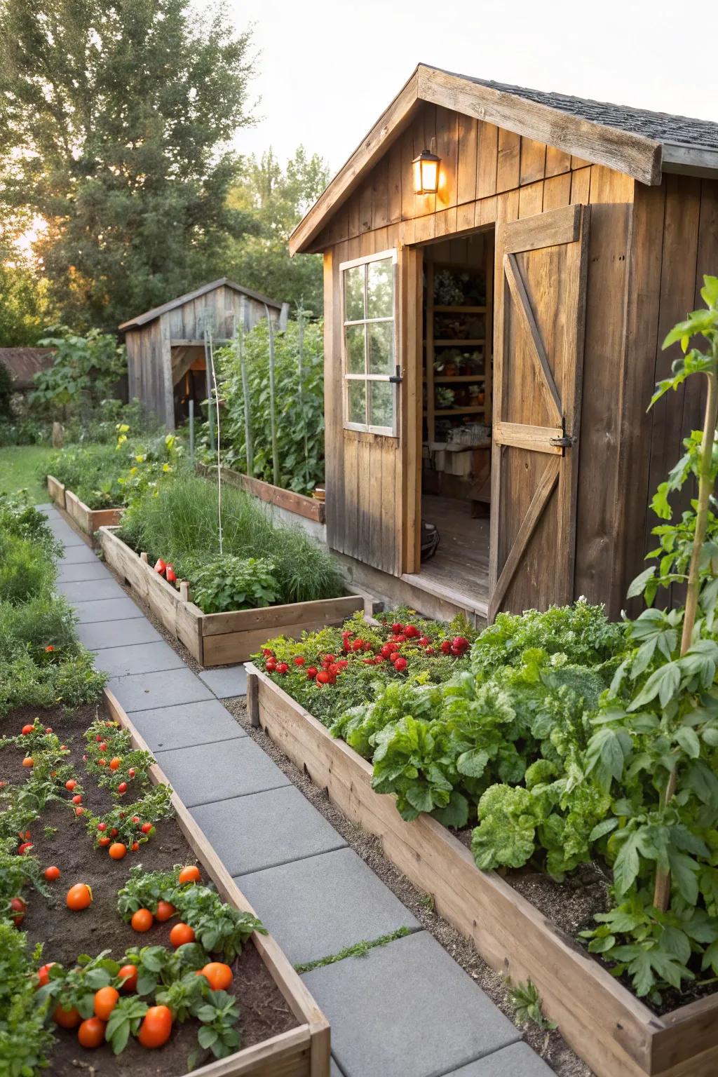 A structure is the center in a garden with tall beds on the sides.