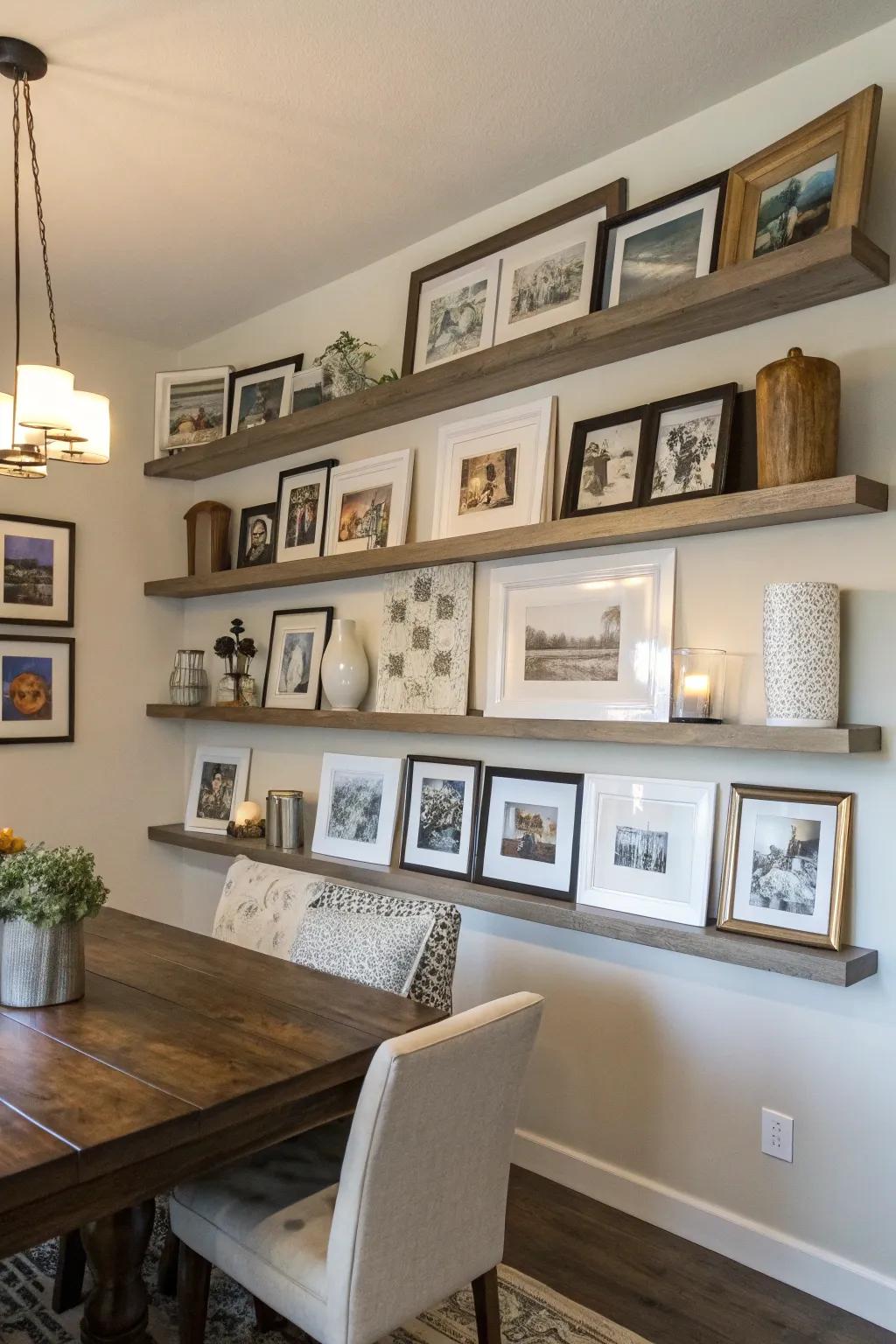 Shelving for a gallery wall is a great idea.