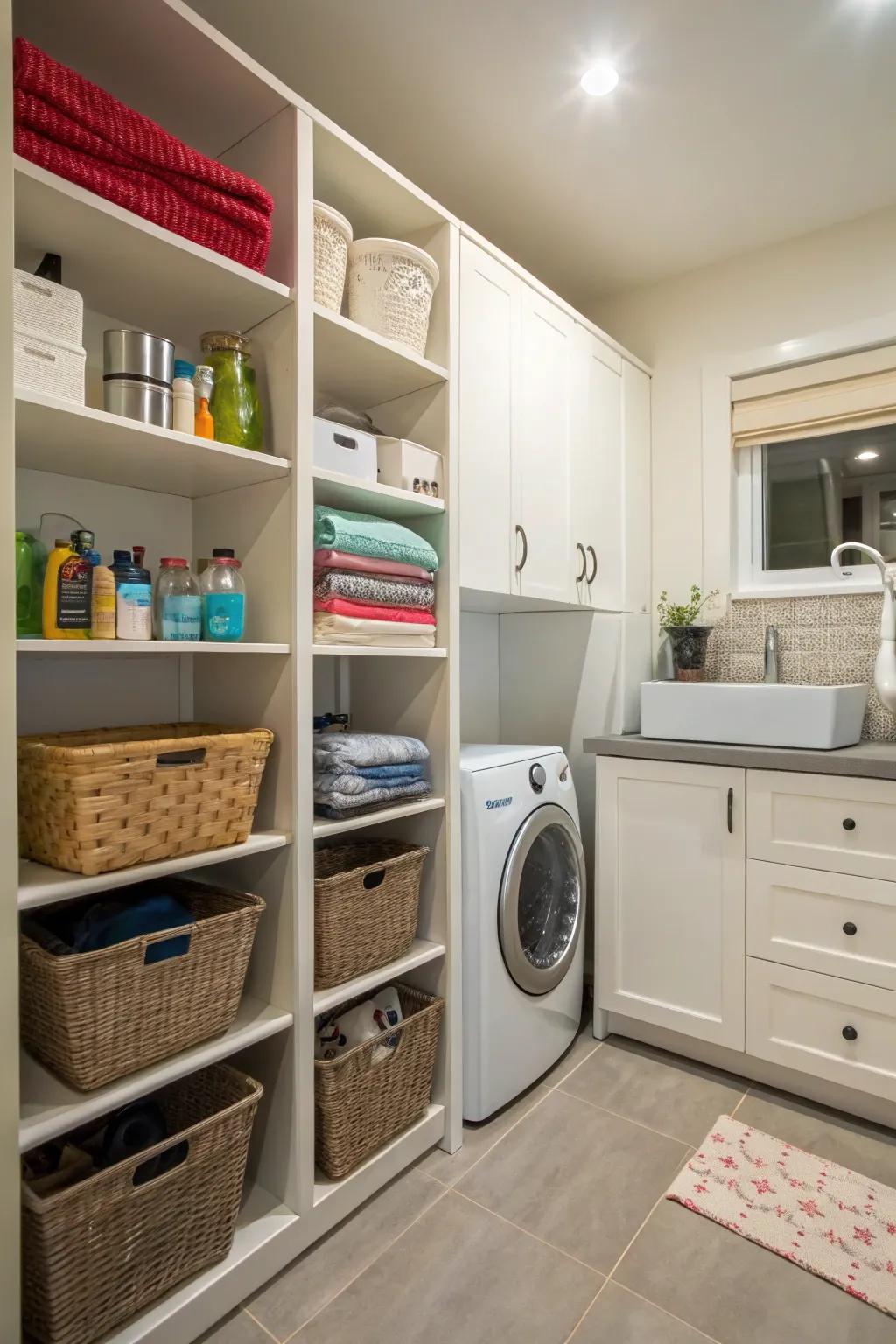 Shelving in a laundry room used as a divider, creating distinct zones for various activities.