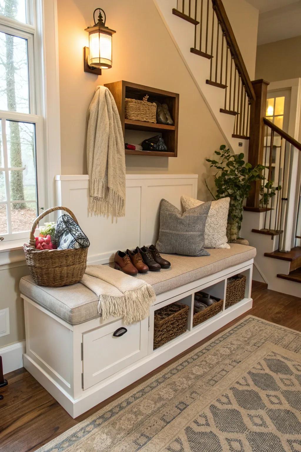 A hidden storage bench gives sleek shoe storage solutions.
