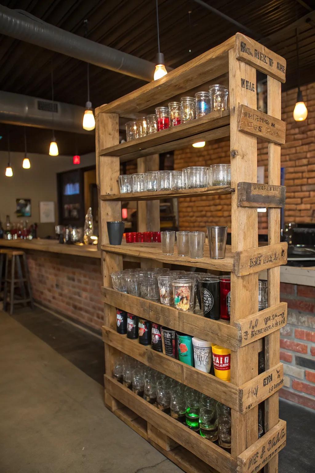 A garage bar featuring a DIY pallet rack creatively used as a shot glass display.