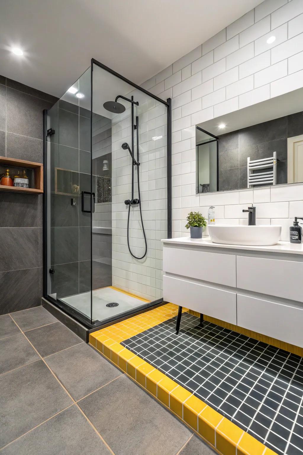 Opposing filler shades accentuate the layout constituents of the shower curb.