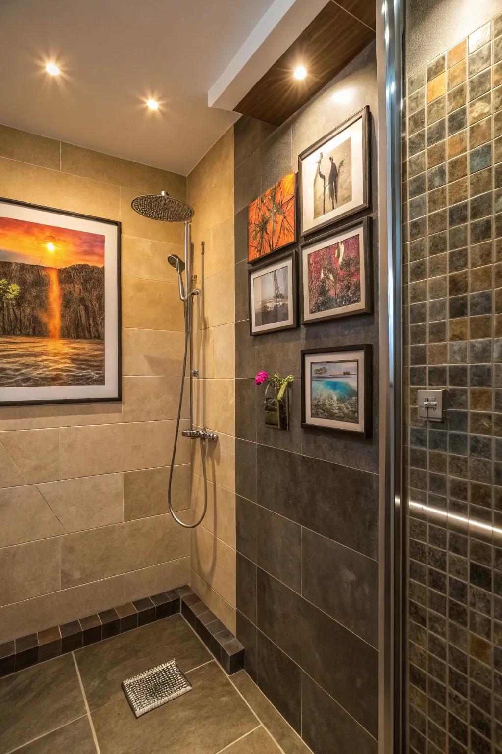 A shower with moisture-resistant artworks and framed prints.