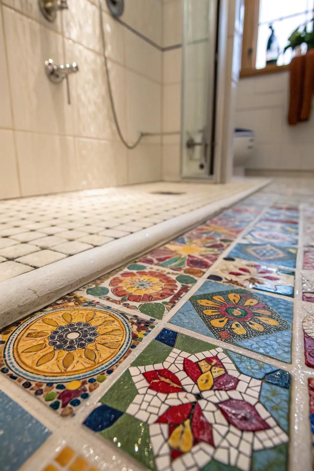 Mosaic art tiles create a playful and artistic atmosphere in your shower.