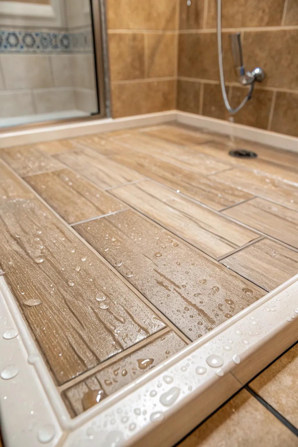 Wood-look tiles on this shower pan offer a warm and inviting natural appearance.