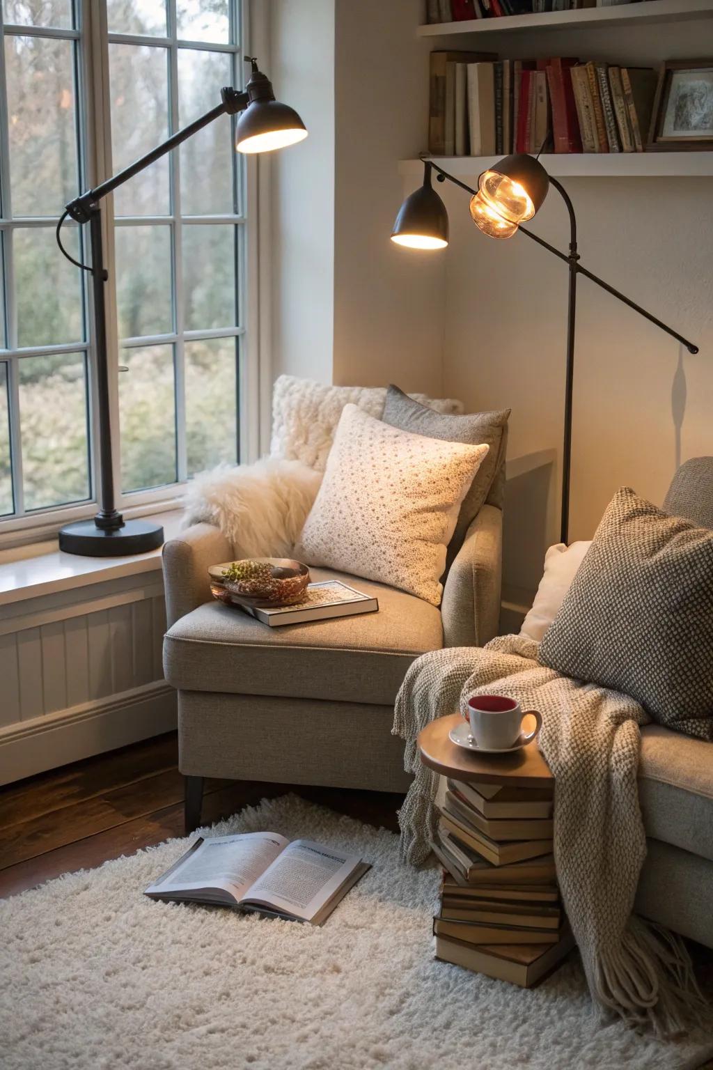 Adjustable lights create the perfect reading environment.