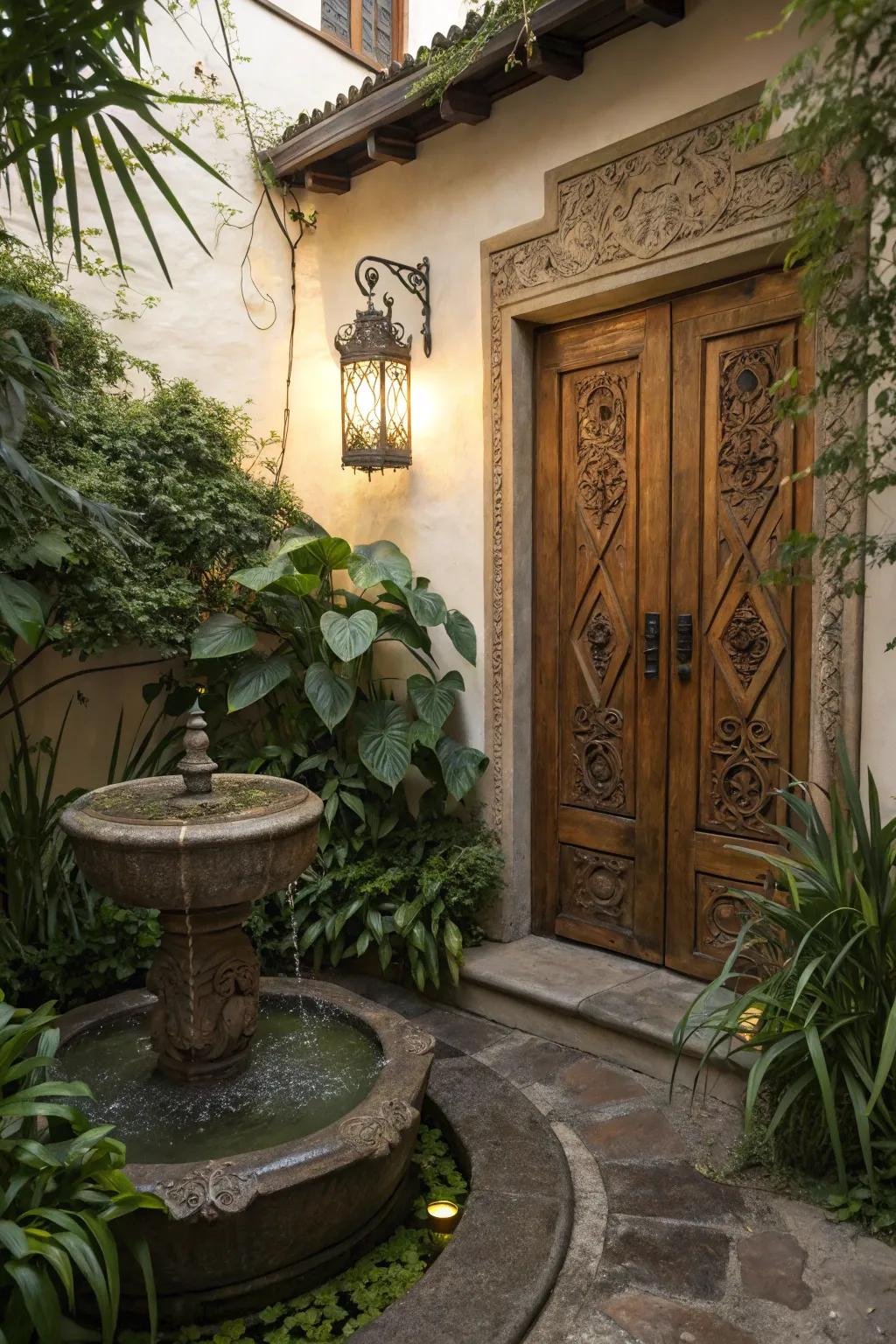A water feature adding tranquility to the side entrance.