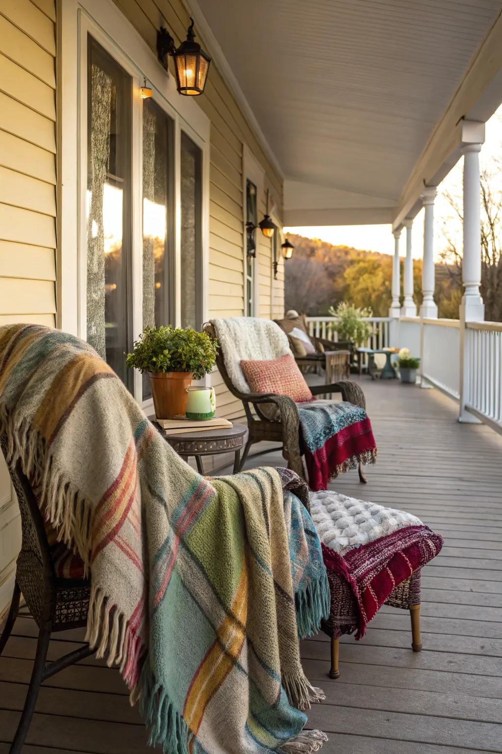 Warm blankets ready for a cozy evening on the side porch.