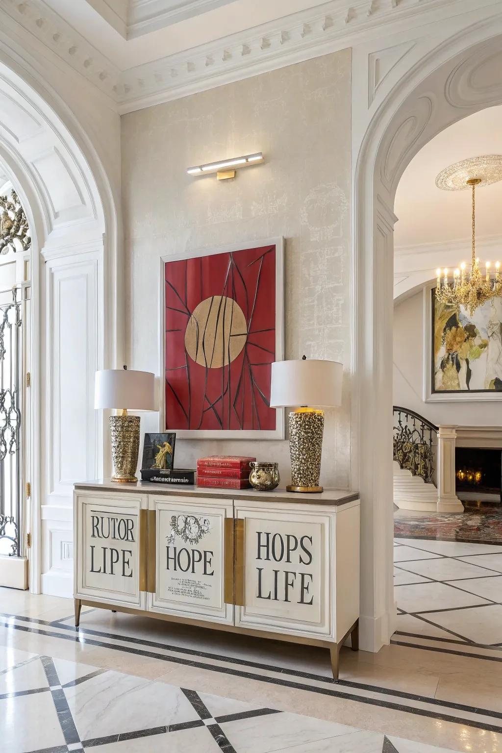 An audacious declaration piece on a credenza acts as a captivating visual center.