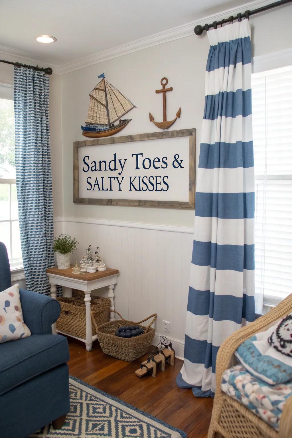 A lounge with nautical decor and a 'Granular Feet & Briny Air' seaside plaque.