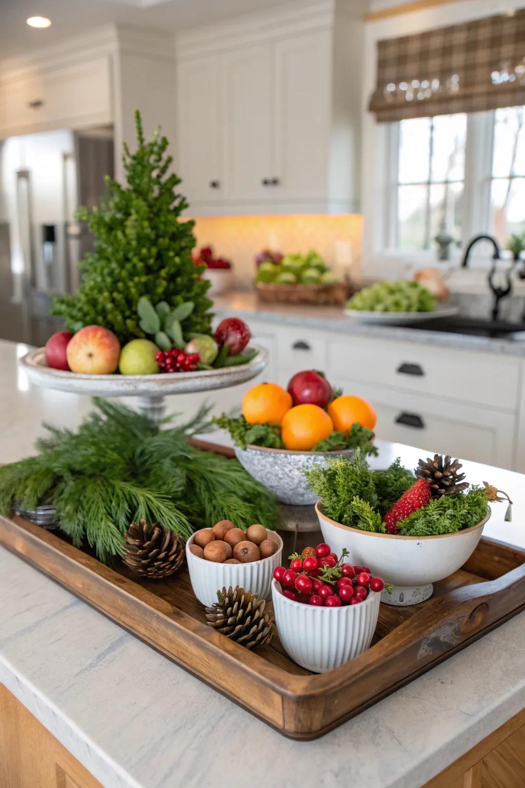 Ornamental trays and bowls on the kitchen island.