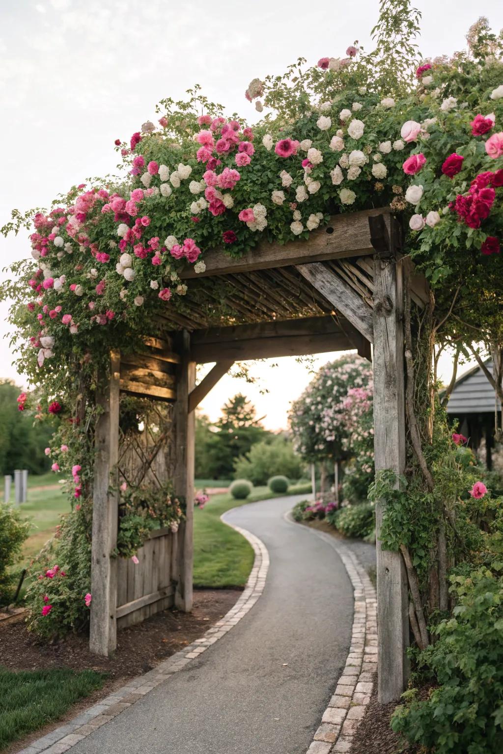 A flowering bower fashions an enchanting entrance.